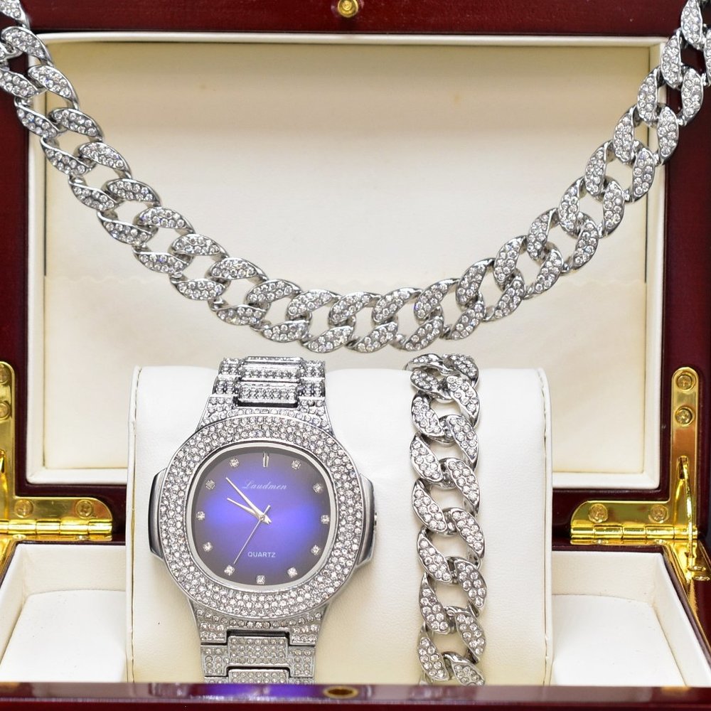Full Iced Out luxury Watch, Necklace, Bracelet Set - Picture 1 of 6